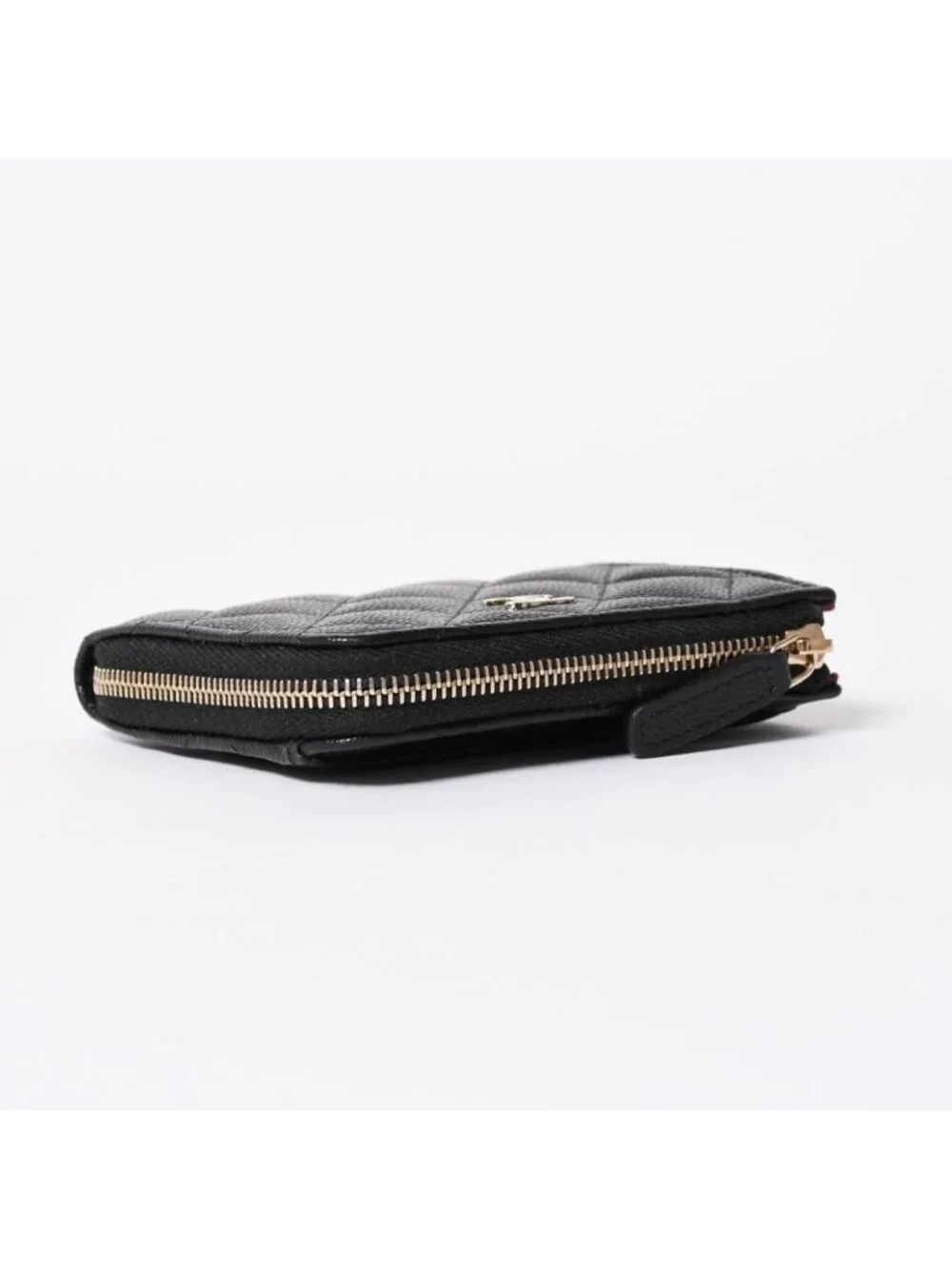 Chanel Quilted Compact Wallet Coin Purse Caviar Leather Black Gold